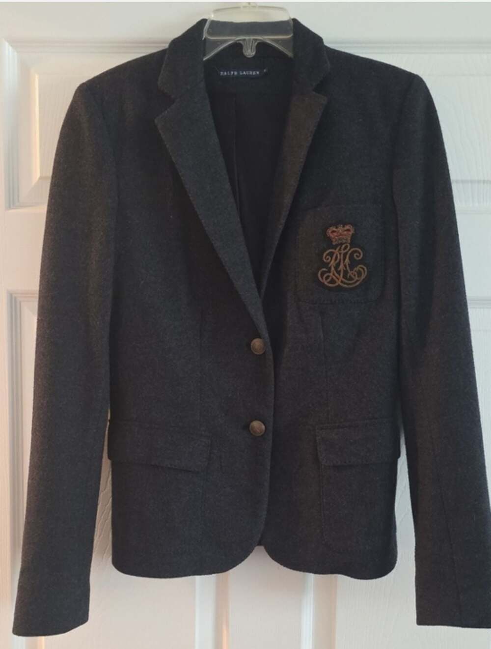 Ralph Lauren Gray Wool Crest Blazer Jacket Preppy Academic Size 8